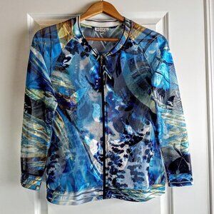 Adore Blue Abstract Print Sheer Mesh Zip Cardigan